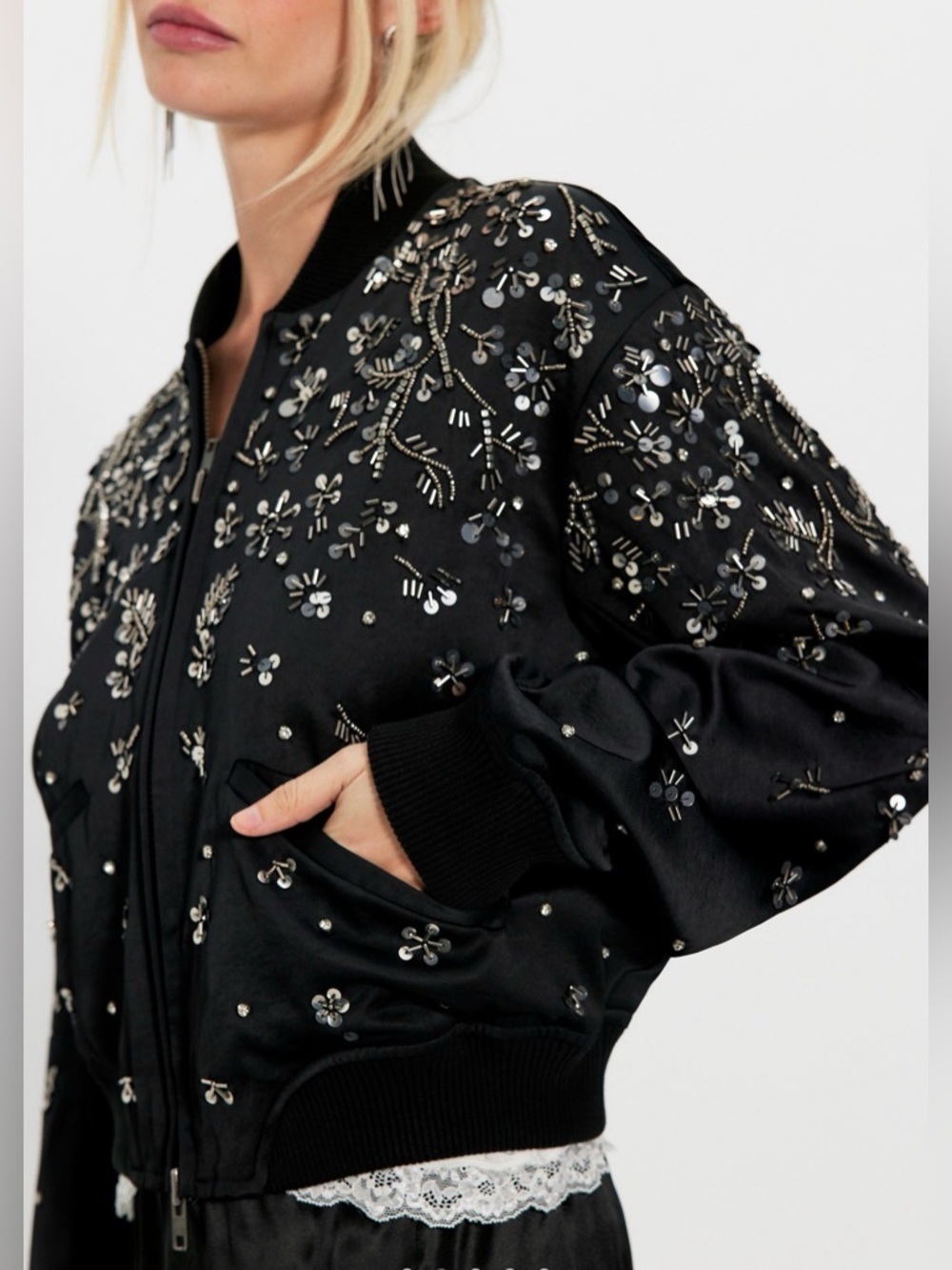 Free People Stassi Embellished Bomber jacket Black Silver Beaded Sequins XS NWT